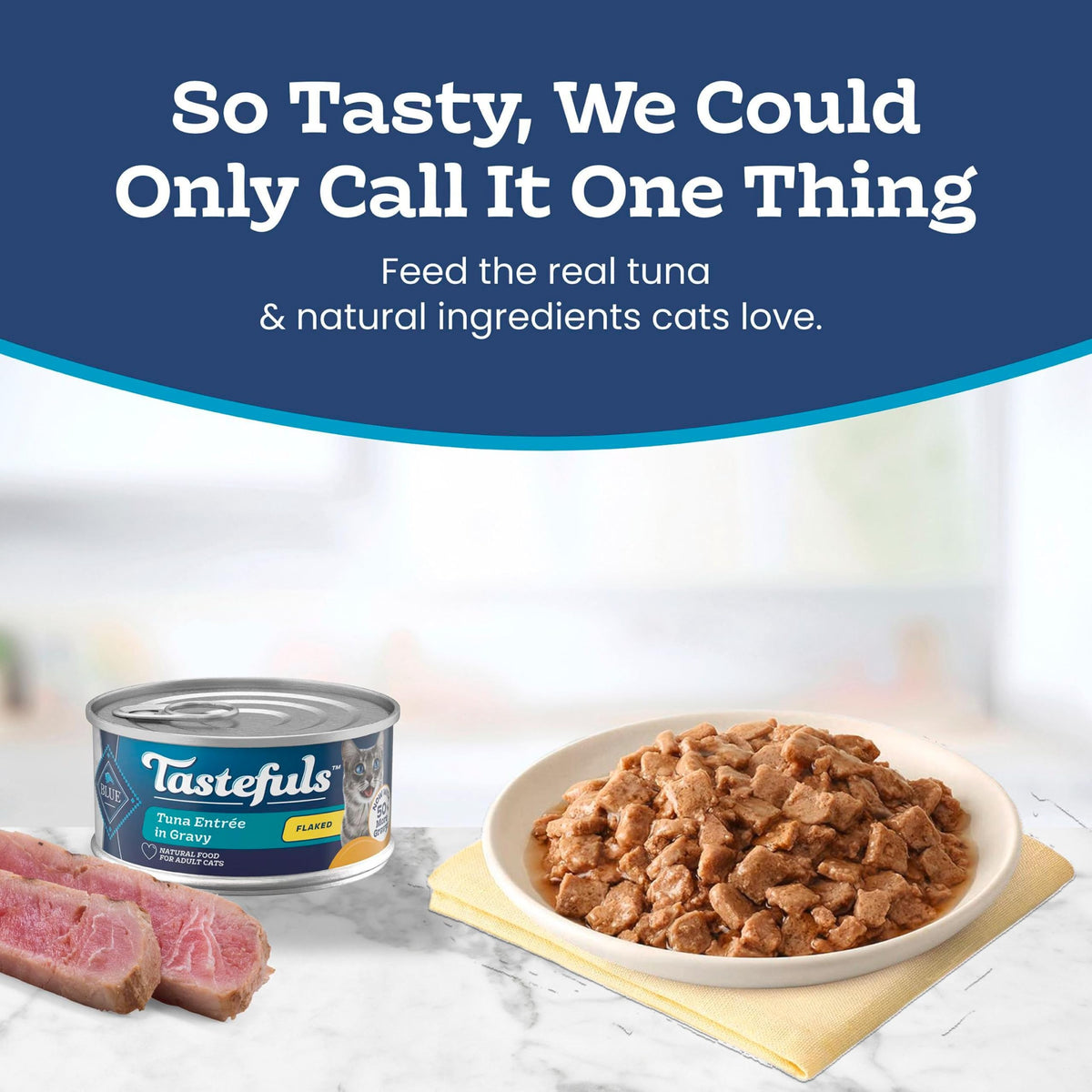Blue Buffalo Tastefuls Wet Cat Food, Made with Natural Ingredients, Tuna and Chicken Flaked Entrées in Gravy, 3oz Cans, 4-Count Variety Pack Trial Size