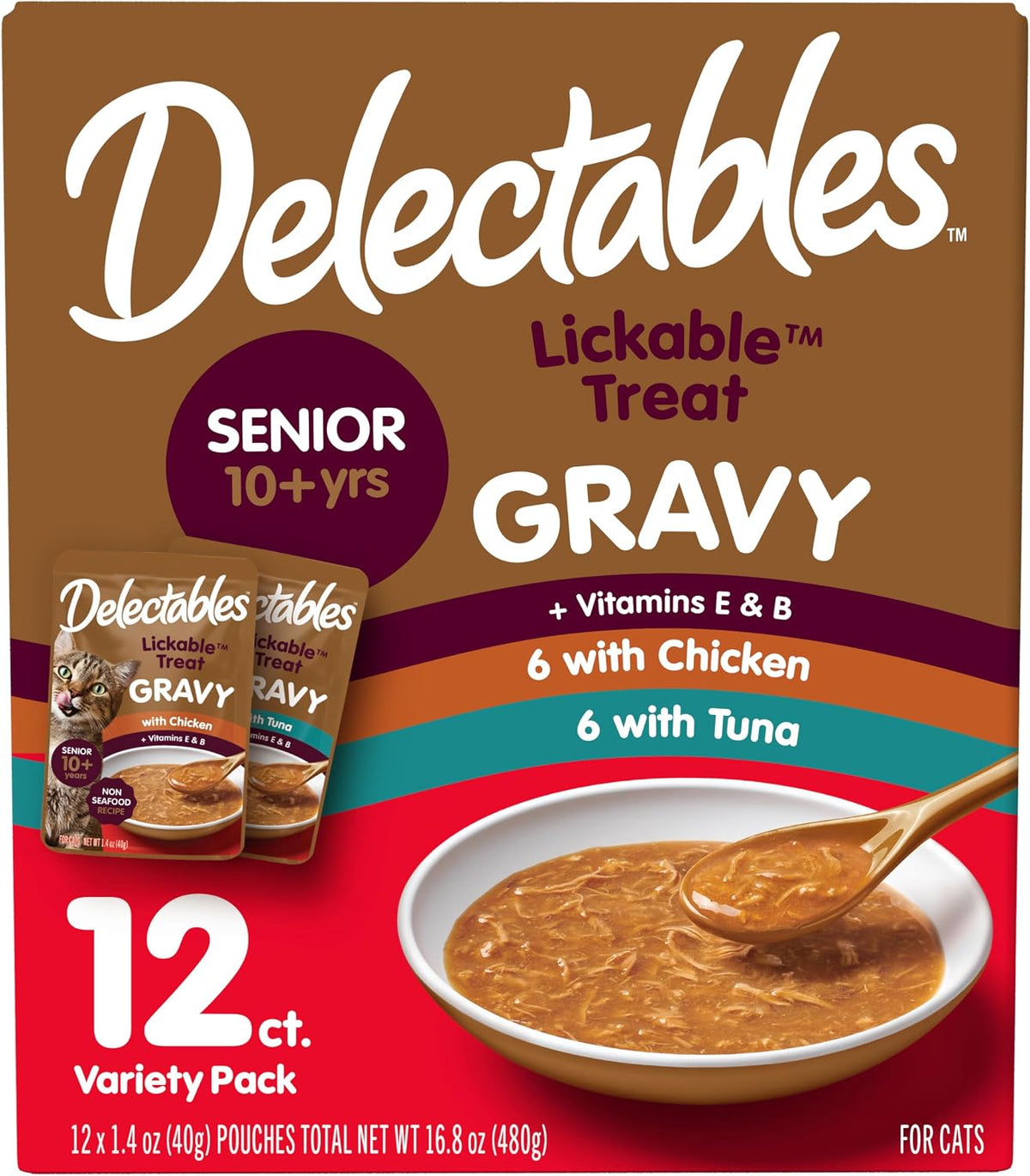 Delectables Lickable Treat Gravy Senior 10+ Variety Wet Cat Treat & Food Topper, Food Topper, Hydrating, Grain-Free, No Fillers, No by-Products, No Added Preservatives, 1.4-oz Pouch, 12 Count