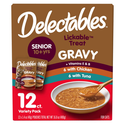 Delectables Lickable Treat Gravy Wet Cat Treat Variety Pack, Food Topper, Hydrating, Grain-Free, No Fillers, By-Products, Added Preservatives, 1.4oz Pouch, 12ct