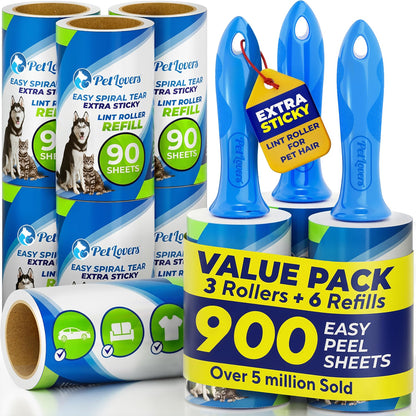 PetLovers Extra Sticky Lint Roller Mega Value Set 450 Sheets for Pet Hair Removal and Clothes, Dog and Cat Lint Remover 5 Pack