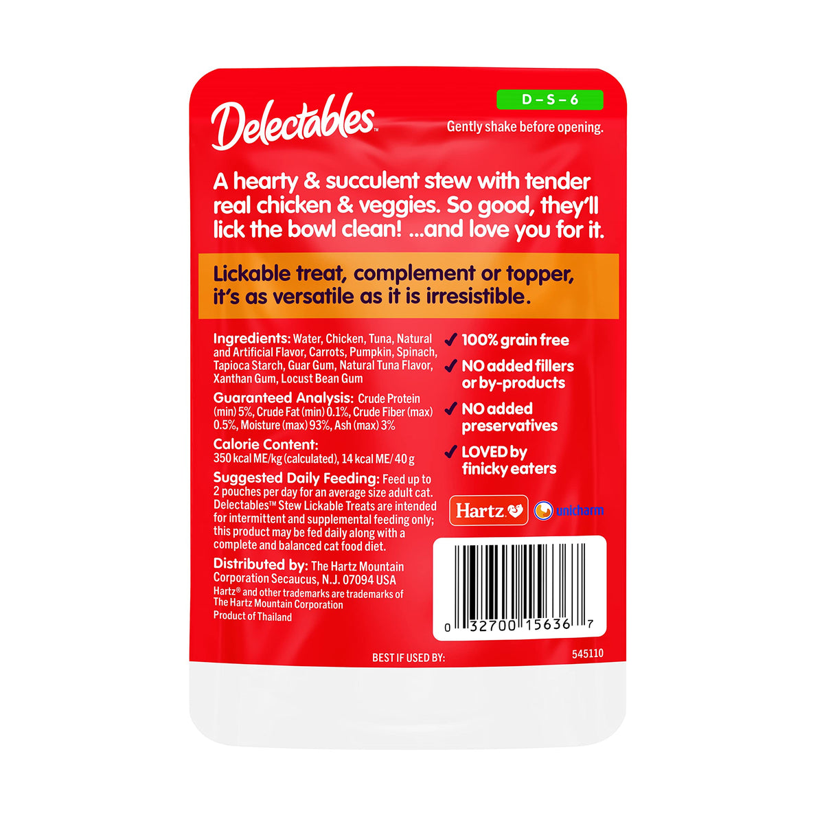 Delectables Lickable Treat Stew Wet Cat Treat with Real Chicken & Tuna, Food Topper, Hydrating, Grain-Free, No Fillers, No By-Products, No Added Preservatives, 1.4oz Pouch, 12ct
