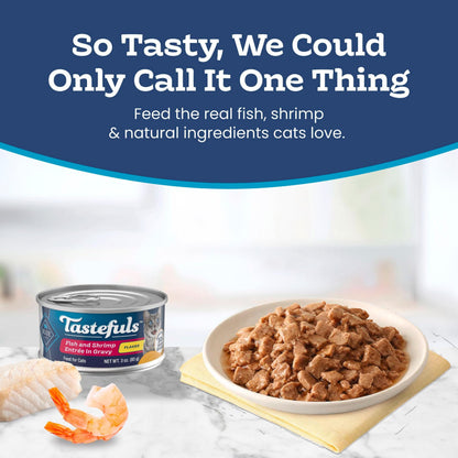 Blue Buffalo Tastefuls Wet Cat Food, Made with Natural Ingredients, Tuna and Chicken Flaked Entrées in Gravy, 3oz Cans, 4-Count Variety Pack Trial Size