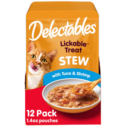 Delectables Lickable Treat Stew Wet Cat Treat with Real Tuna & Shrimp, Food Topper, Hydrating, Grain-Free, No Fillers, No By-Products, No Added Preservatives, 1.4oz Pouch, 12ct