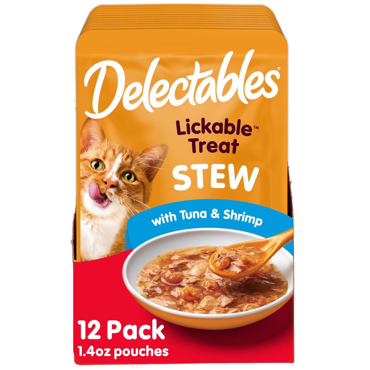 Delectables Lickable Treat Stew Wet Cat Treat with Real Tuna & Shrimp, Food Topper, Hydrating, Grain-Free, No Fillers, No By-Products, No Added Preservatives, 1.4oz Pouch, 12ct