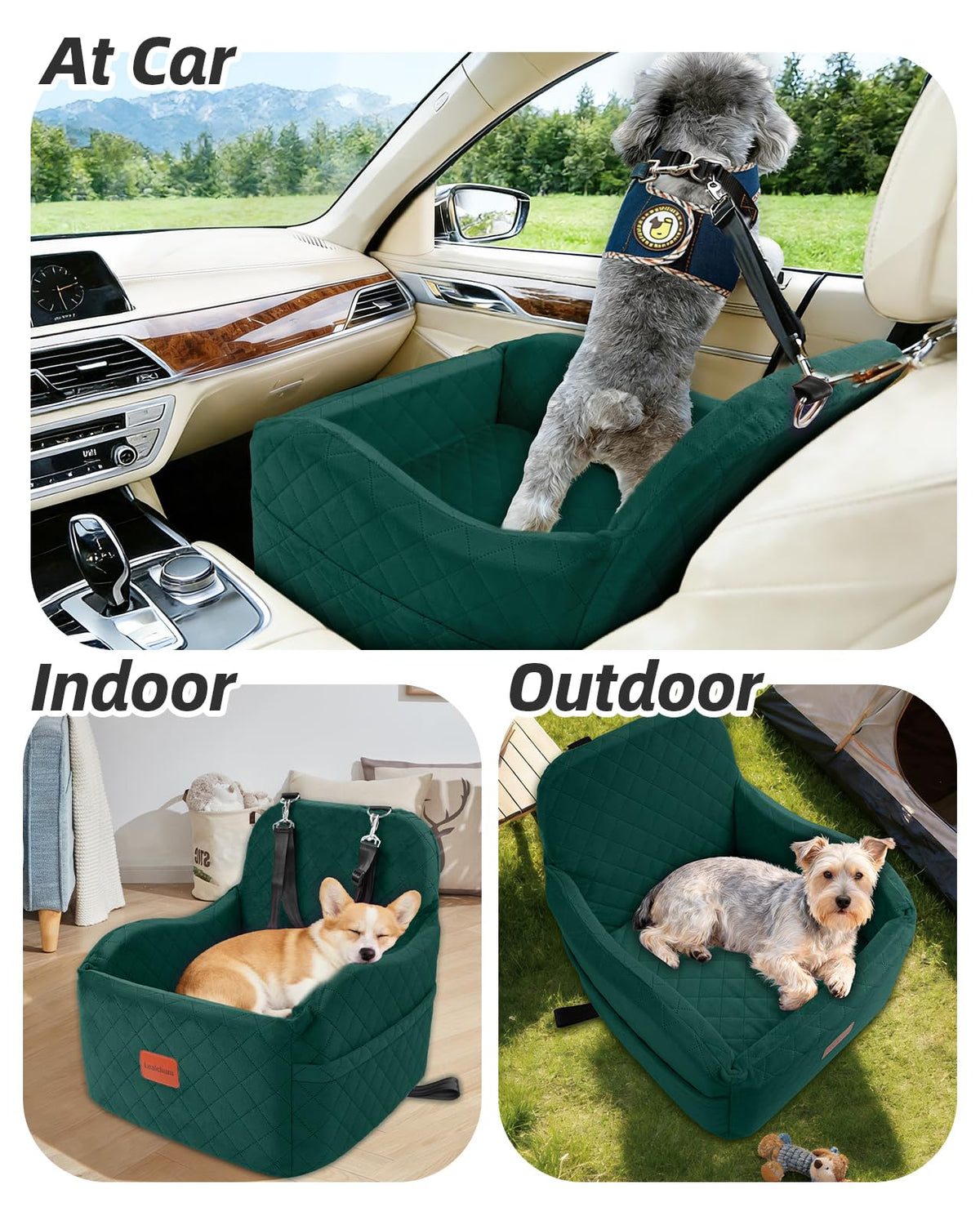 Lealchum Dog Booster Car Seat for S/M Dogs Up to 35lbs,Soft 6in Elevated Cushion,Fits in Front/Back Seat,Fully Detachable and Washable,2 Storage Pockets & 3 Straps,Easy to Install (Black/Brown,Medium)