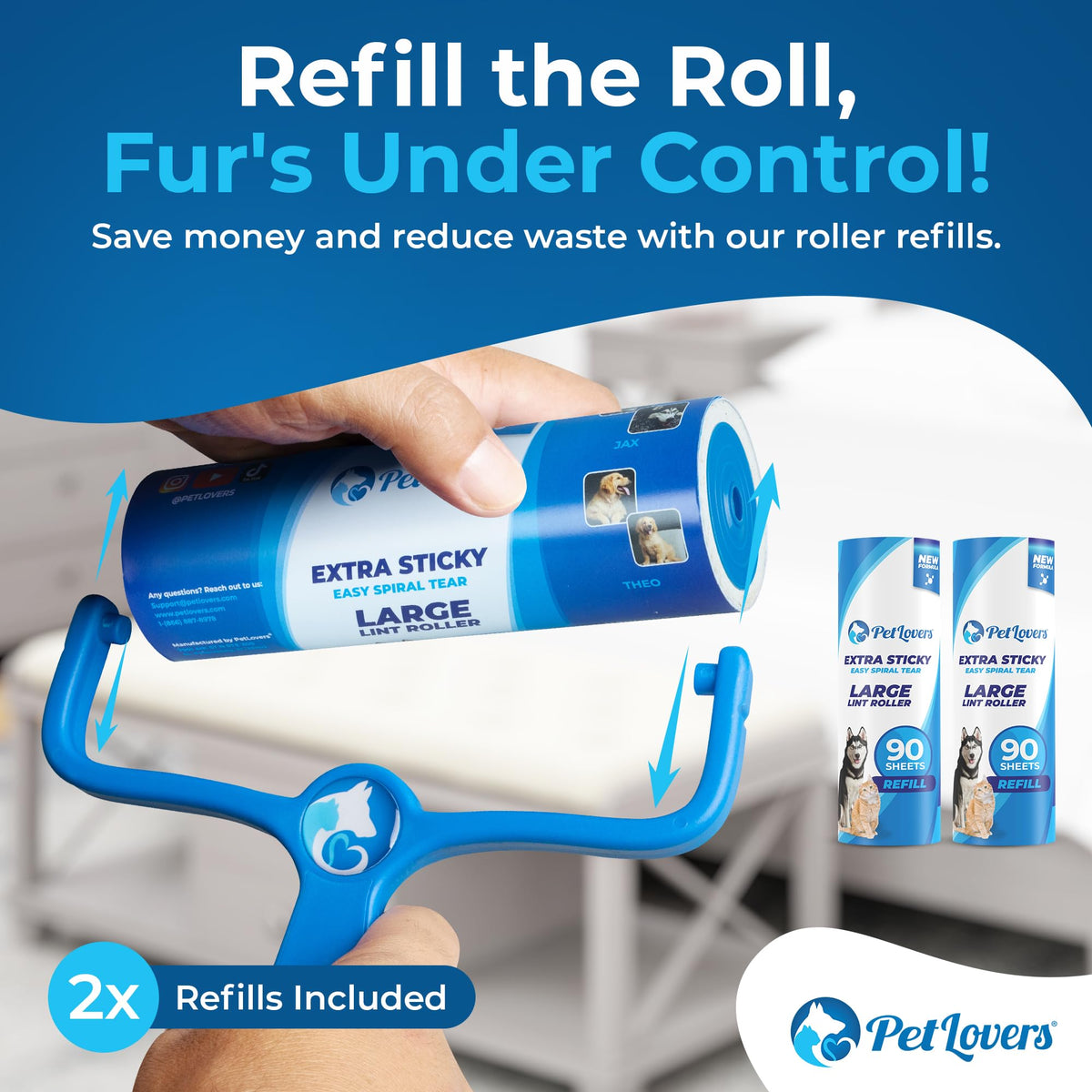 PetLovers Extra Sticky Lint Roller Mega Value Set 450 Sheets for Pet Hair Removal and Clothes, Dog and Cat Lint Remover 5 Pack