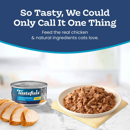 Blue Buffalo Tastefuls Wet Cat Food, Made with Natural Ingredients, Tuna and Chicken Flaked Entrées in Gravy, 3oz Cans, 4-Count Variety Pack Trial Size