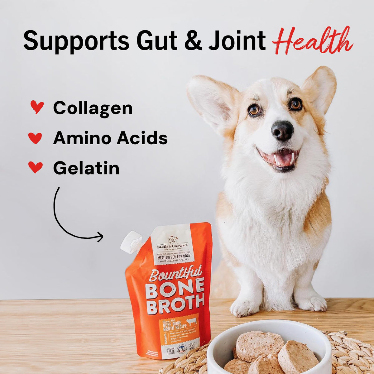 Stella & Chewy's Premium Cage-Free Chicken Bone Broth for Dogs - Joint & Gut Health Support Liquid Food Topper with Collagen & Turmeric, 16 Fl Oz Resealable Pouch