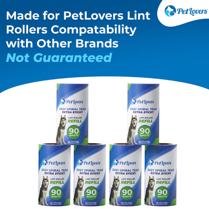PetLovers Extra Sticky Lint Roller Mega Value Set 450 Sheets for Pet Hair Removal and Clothes, Dog and Cat Lint Remover 5 Pack