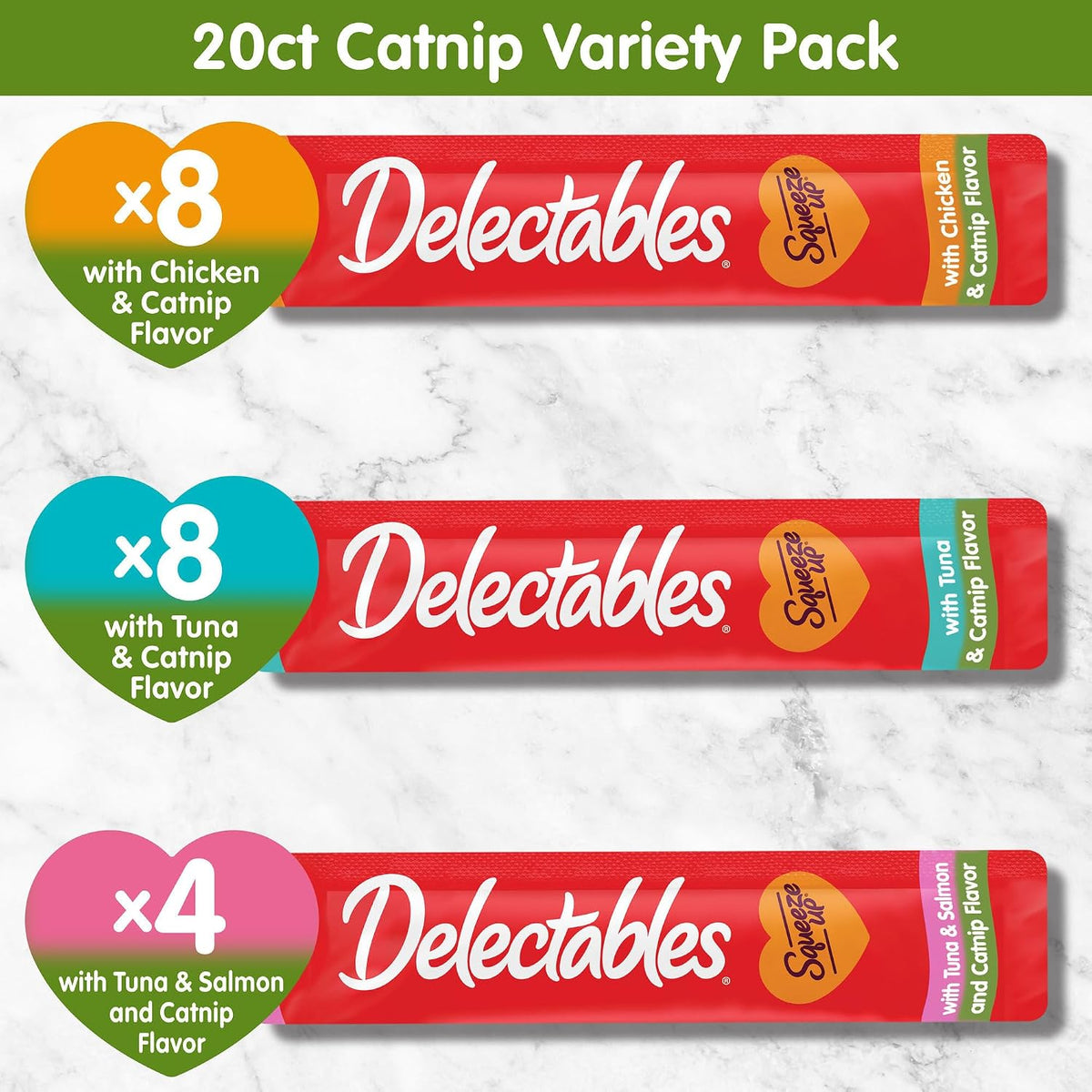 Delectables Squeeze Up Catnip Variety Pack, Creamy Squeezable Puree, Lickable Wet Cat Treats, Grain Free, No-Added Fillers, No-by-Products, No-Added Preservatives, 20 Count, 0.5 Ounces (Pack of 4)