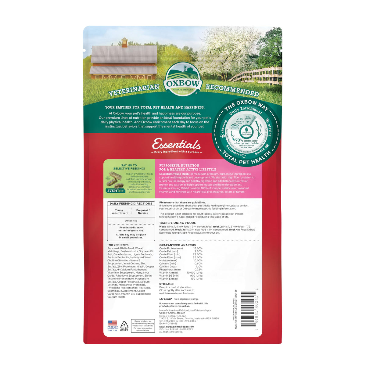 Oxbow Essentials Young Rabbit Food, High-Fiber Rabbit Pellets, USA, 10 lb