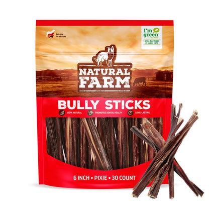 Natural Farm Odor-Free Bully Sticks (6 Inch, 25 count),1.3 lb. Bag, Fully Digestible 100% Beef Pizzle Chews,Grass-Fed, Non-GMO,Grain-Free, Natural Long-Lasting Chews for Small & Large Dogs. Pack of 25