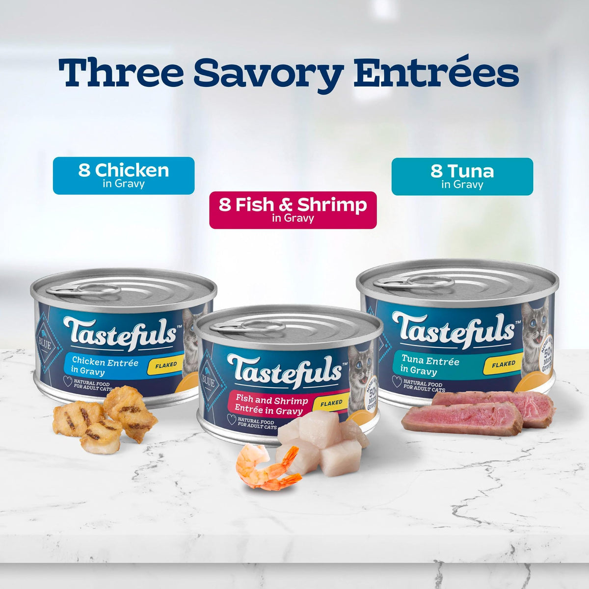 Blue Buffalo Tastefuls Wet Cat Food, Made with Natural Ingredients, Tuna and Chicken Flaked Entrées in Gravy, 3oz Cans, 4-Count Variety Pack Trial Size