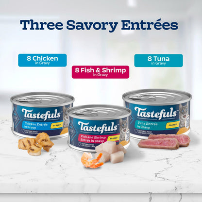 Blue Buffalo Tastefuls Wet Cat Food, Made with Natural Ingredients, Tuna and Chicken Flaked Entrées in Gravy, 3oz Cans, 4-Count Variety Pack Trial Size