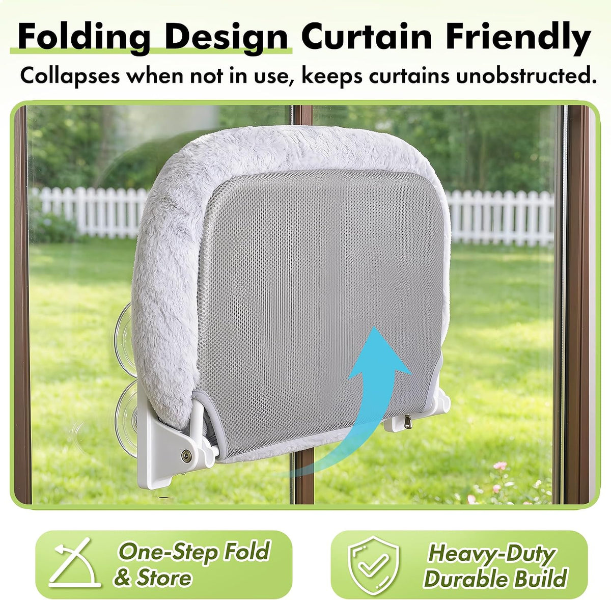 AMOSIJOY Cordless Cat Window Perch with Cushion Bed Metal Frame, L Gray