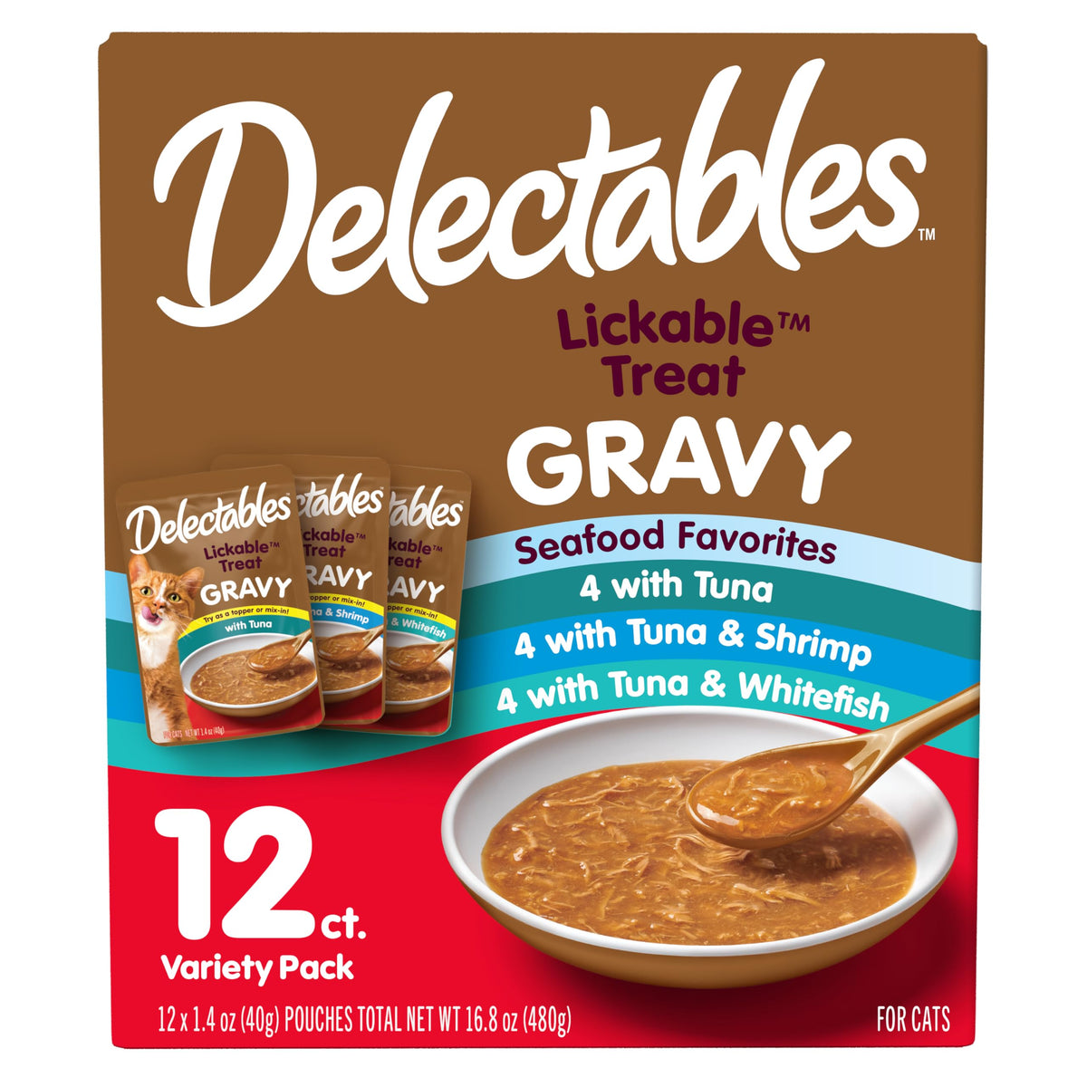Delectables Lickable Treat Gravy Wet Cat Treat Variety Pack, Food Topper, Hydrating, Grain-Free, No Fillers, By-Products, Added Preservatives, 1.4oz Pouch, 12ct