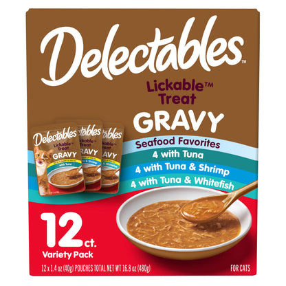 Delectables Lickable Treat Gravy Wet Cat Treat Variety Pack, Food Topper, Hydrating, Grain-Free, No Fillers, By-Products, Added Preservatives, 1.4oz Pouch, 12ct