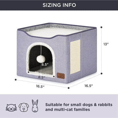 Bedsure Cat House Bed for Indoor Cats with Fluffy Ball and Scratch Pad,Grey