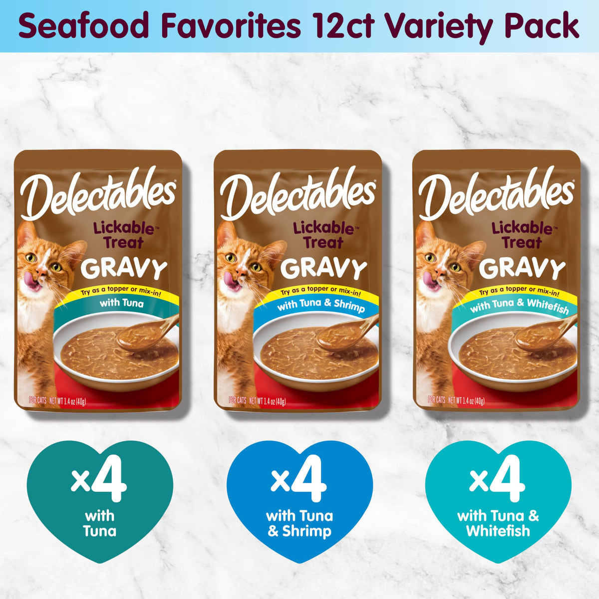 Delectables Lickable Treat Gravy Wet Cat Treat Variety Pack, Food Topper, Hydrating, Grain-Free, No Fillers, By-Products, Added Preservatives, 1.4oz Pouch, 12ct
