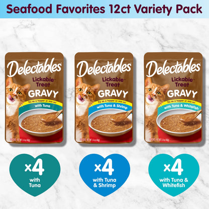 Delectables Lickable Treat Gravy Wet Cat Treat Variety Pack, Food Topper, Hydrating, Grain-Free, No Fillers, By-Products, Added Preservatives, 1.4oz Pouch, 12ct