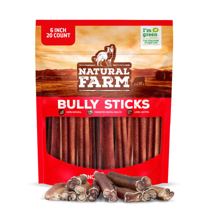 Natural Farm Odor-Free Bully Sticks (6 Inch, 25 count),1.3 lb. Bag, Fully Digestible 100% Beef Pizzle Chews,Grass-Fed, Non-GMO,Grain-Free, Natural Long-Lasting Chews for Small & Large Dogs. Pack of 25