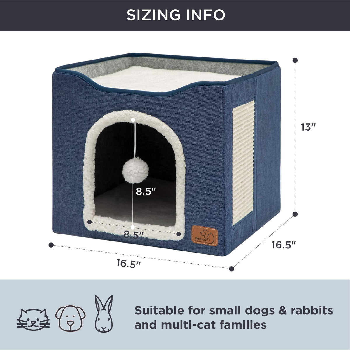 Bedsure Cat House Bed for Indoor Cats with Fluffy Ball and Scratch Pad,Grey