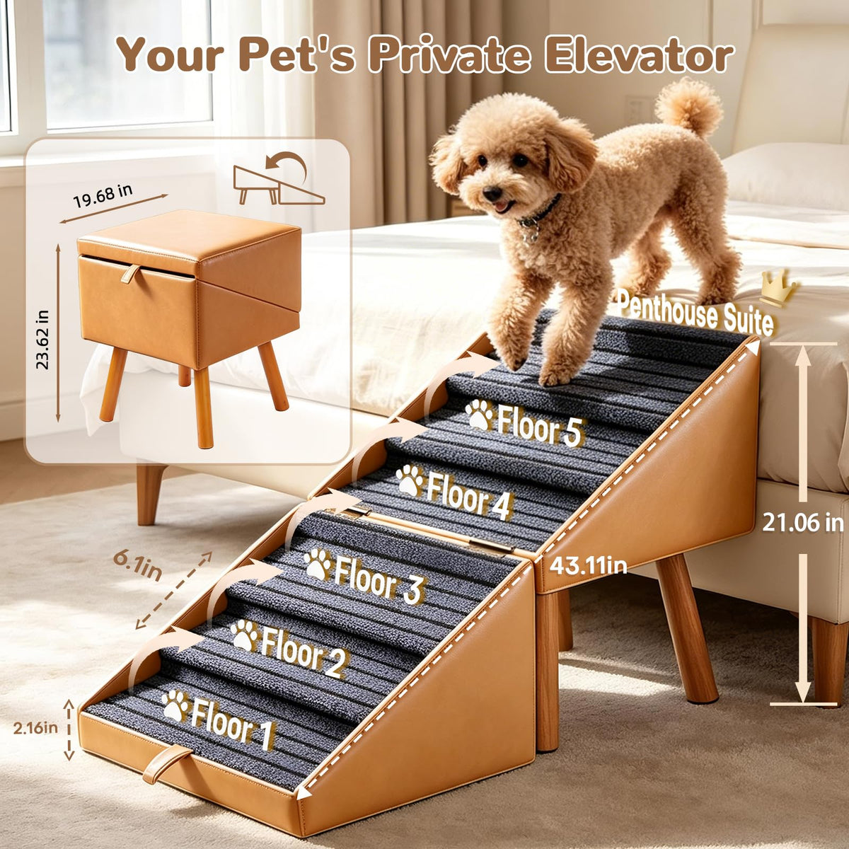Dog Stairs for Small Dogs Faux Leather Foldable Pet Ramp and Ottoman