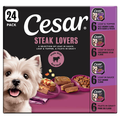 Cesar Wet Dog Food, Steak Lovers Variety Pack, 3.5 oz, 36 Count