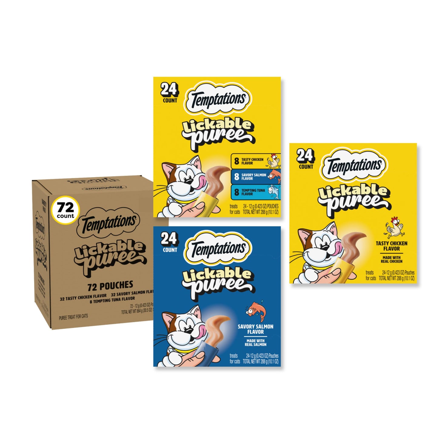 Temptations Creamy Puree Cat Treats, Chicken, Salmon & Tuna, 24 Count