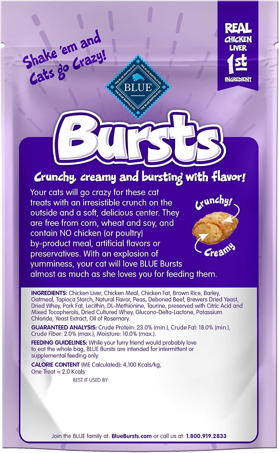 Blue Buffalo Bursts Liver & Beef Crunchy & Creamy Cat Treats, 2 oz, 6 ct