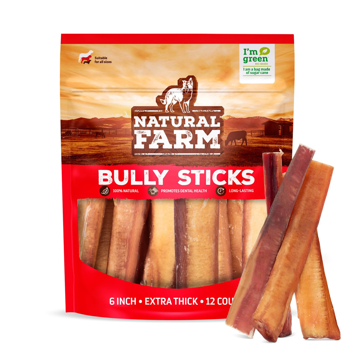 Natural Farm Odor-Free Bully Sticks (6 Inch, 25 count),1.3 lb. Bag, Fully Digestible 100% Beef Pizzle Chews,Grass-Fed, Non-GMO,Grain-Free, Natural Long-Lasting Chews for Small & Large Dogs. Pack of 25