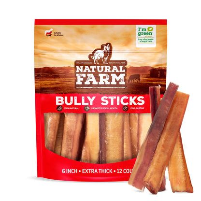 Natural Farm Odor-Free Bully Sticks (6 Inch, 25 count),1.3 lb. Bag, Fully Digestible 100% Beef Pizzle Chews,Grass-Fed, Non-GMO,Grain-Free, Natural Long-Lasting Chews for Small & Large Dogs. Pack of 25