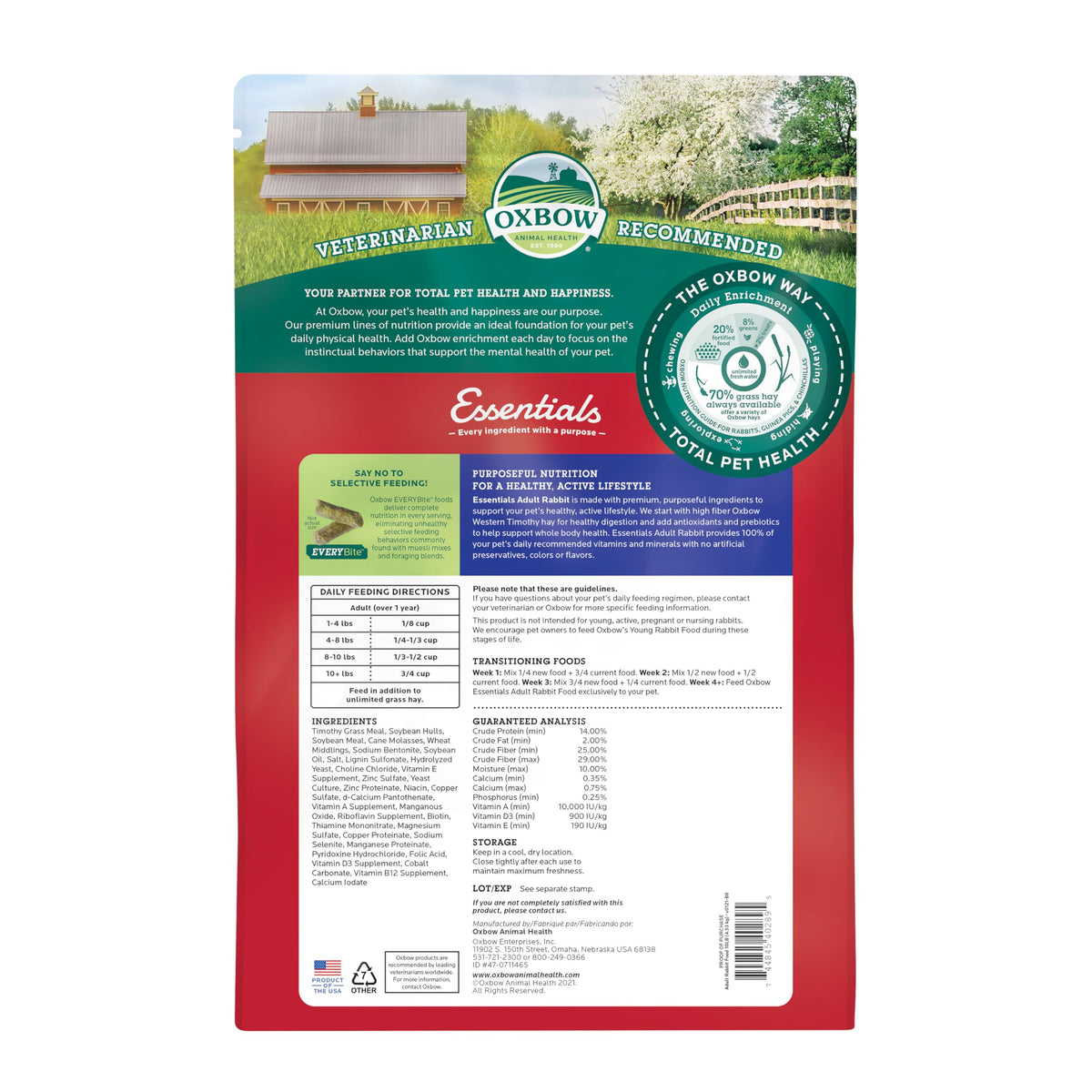 Oxbow Essentials Young Rabbit Food, High-Fiber Rabbit Pellets, USA, 10 lb