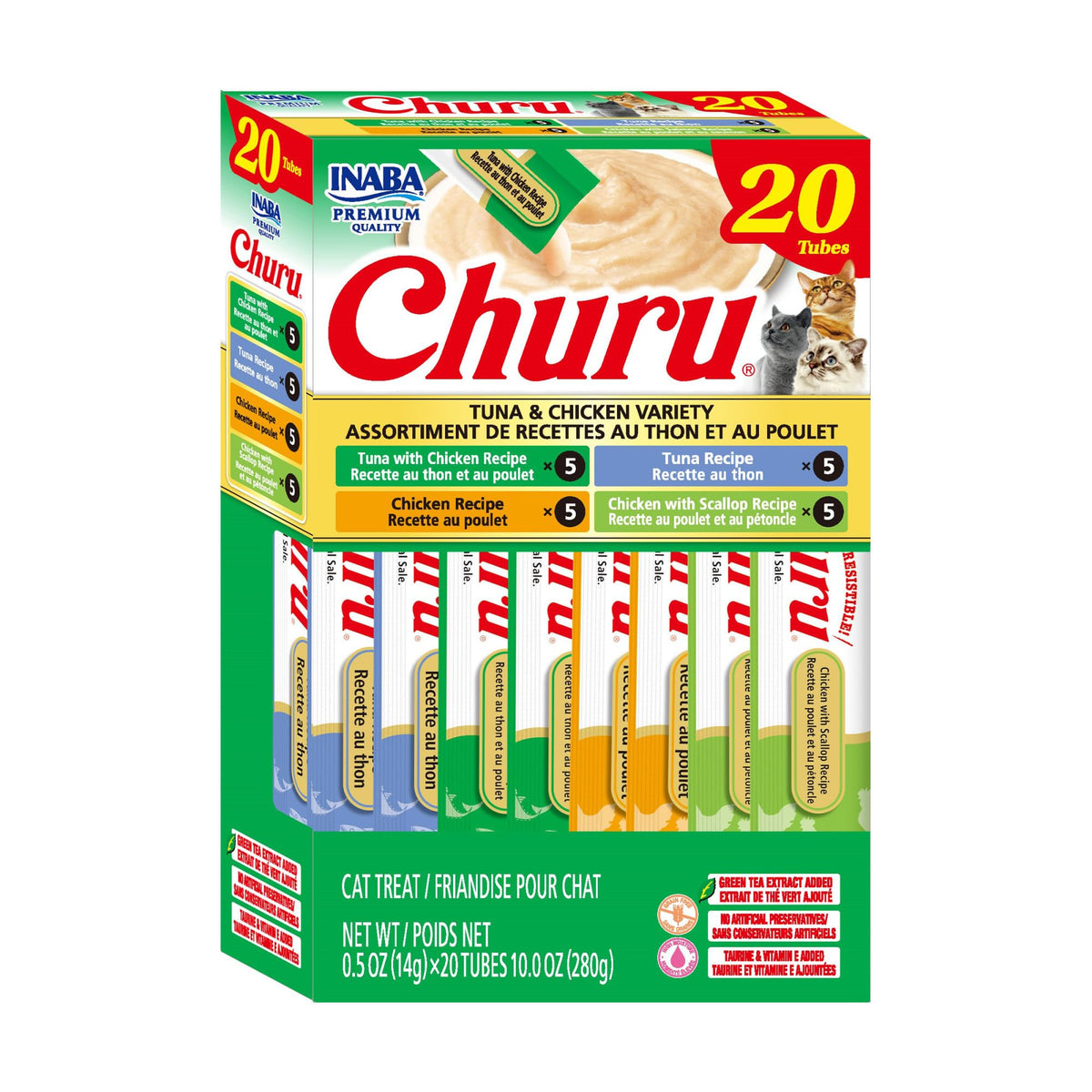 INABA Churu Cat Treats, Lickable, Squeezable Creamy Purée Cat Treat with Green Tea Extract & Taurine, 0.5 Ounces Each Tube, 20 Tubes, Chicken Variety Box