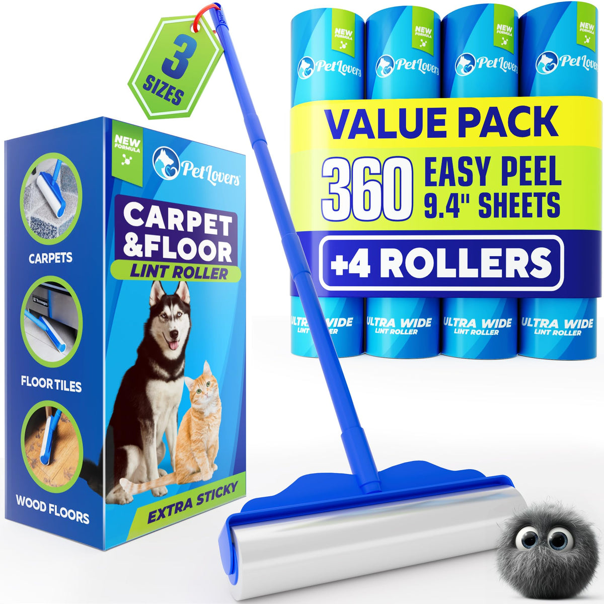 PetLovers Extra Sticky Lint Roller Mega Value Set 450 Sheets for Pet Hair Removal and Clothes, Dog and Cat Lint Remover 5 Pack