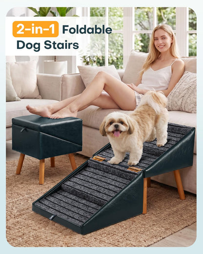 Dog Stairs for Small Dogs Faux Leather Foldable Pet Ramp and Ottoman