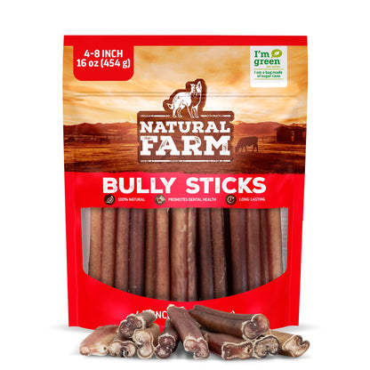Natural Farm Odor-Free Bully Sticks (6 Inch, 25 count),1.3 lb. Bag, Fully Digestible 100% Beef Pizzle Chews,Grass-Fed, Non-GMO,Grain-Free, Natural Long-Lasting Chews for Small & Large Dogs. Pack of 25