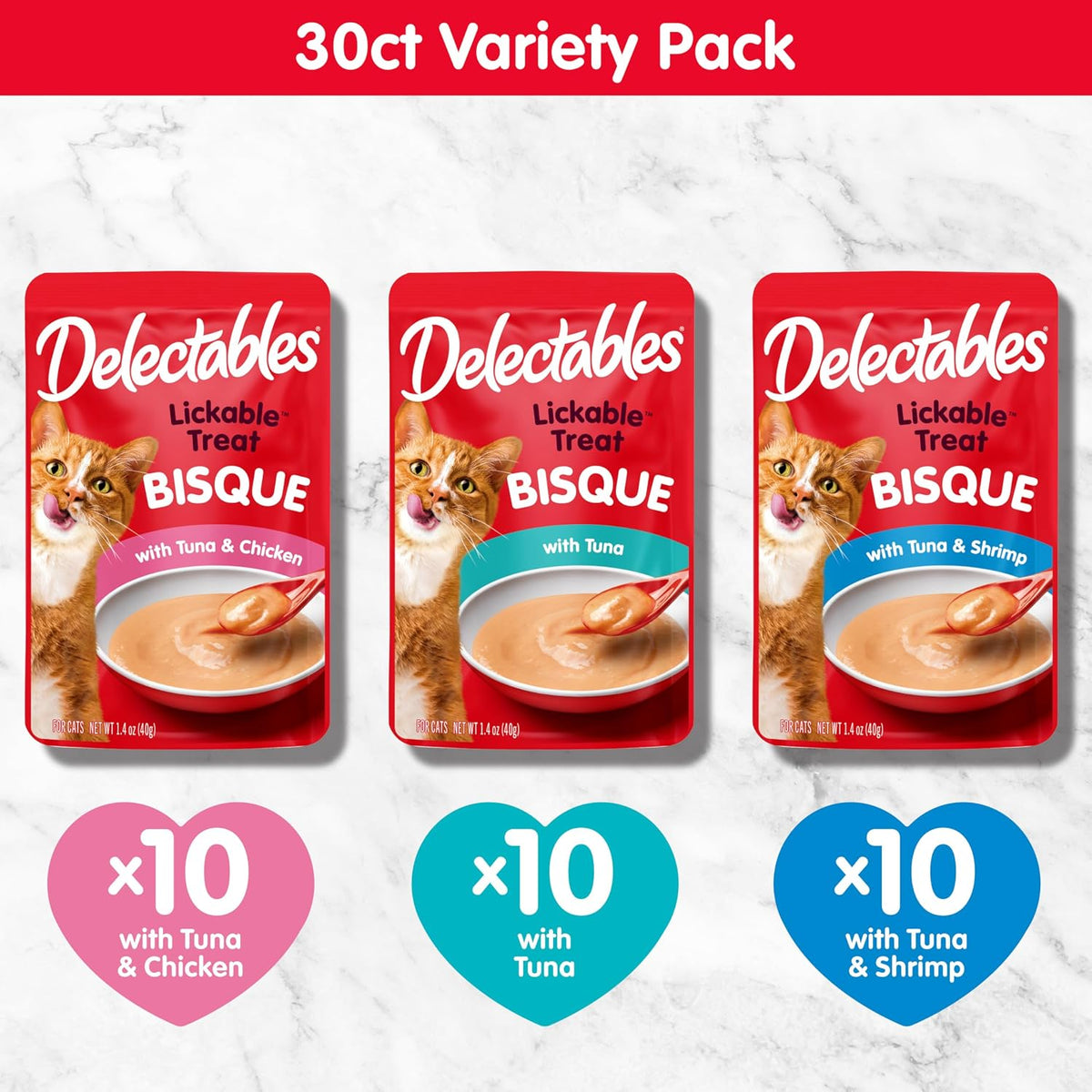 Delectables Lickable Treat Bisque Wet Cat Treat Variety Pack, Food Topper, Hydrating, Grain-Free, No Fillers, No By-Products, No Added Preservatives, 1.4oz Pouch, 30ct