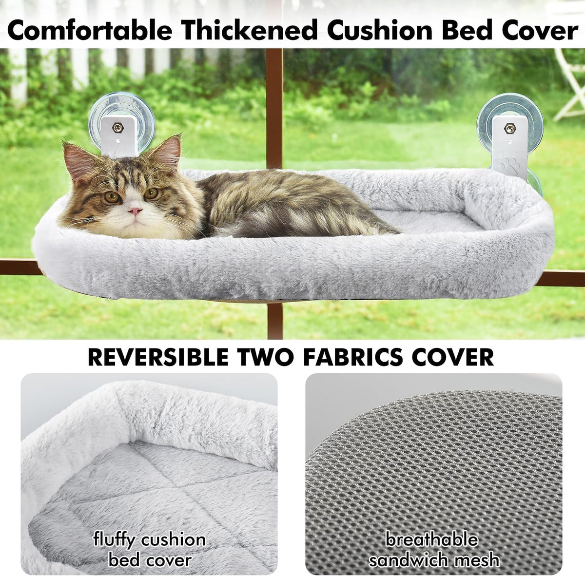 AMOSIJOY Cordless Cat Window Perch with Cushion Bed Metal Frame, L Gray