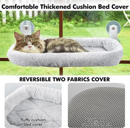 AMOSIJOY Cordless Cat Window Perch with Cushion Bed Metal Frame, L Gray