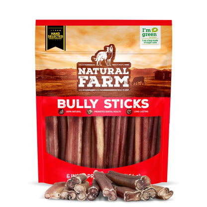 Natural Farm Odor-Free Bully Sticks (6 Inch, 25 count),1.3 lb. Bag, Fully Digestible 100% Beef Pizzle Chews,Grass-Fed, Non-GMO,Grain-Free, Natural Long-Lasting Chews for Small & Large Dogs. Pack of 25