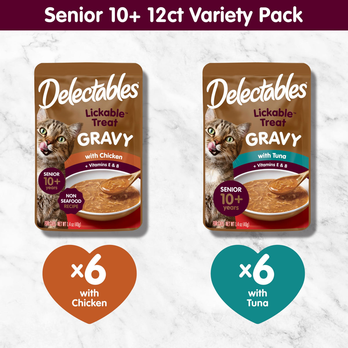 Delectables Lickable Treat Gravy Wet Cat Treat Variety Pack, Food Topper, Hydrating, Grain-Free, No Fillers, By-Products, Added Preservatives, 1.4oz Pouch, 12ct