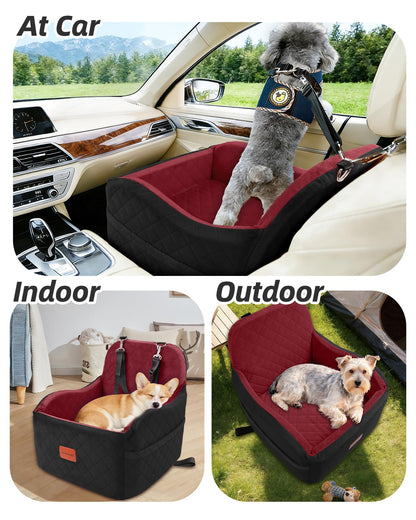 Lealchum Dog Booster Car Seat for S/M Dogs Up to 35lbs,Soft 6in Elevated Cushion,Fits in Front/Back Seat,Fully Detachable and Washable,2 Storage Pockets & 3 Straps,Easy to Install (Black/Brown,Medium)