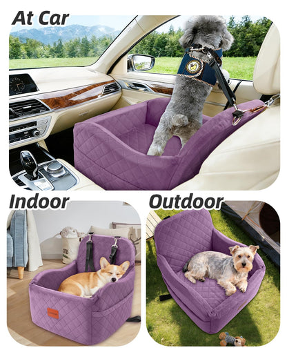 Lealchum Dog Booster Car Seat for S/M Dogs Up to 35lbs,Soft 6in Elevated Cushion,Fits in Front/Back Seat,Fully Detachable and Washable,2 Storage Pockets & 3 Straps,Easy to Install (Black/Brown,Medium)