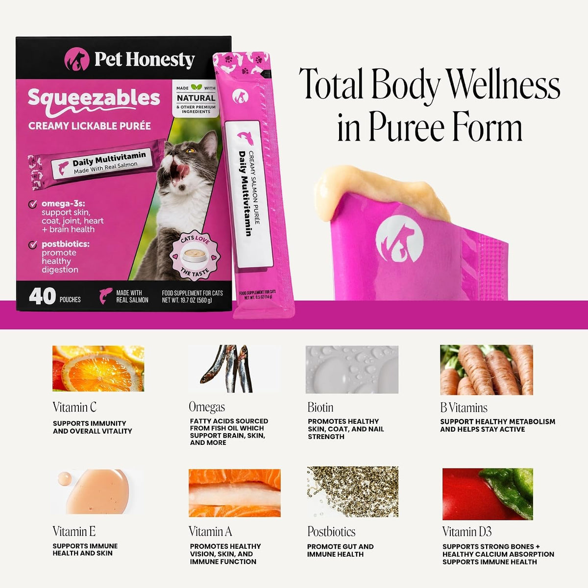 Pet Honesty Vet Backed Cat Multivitamin Lickable Puree, Salmon, 40 Ct