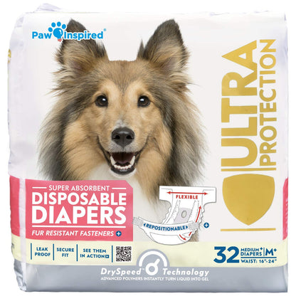 Paw Inspired 32ct Disposable Dog Diapers | Female Dog Diapers Ultra Protection | Diapers for Dogs in Heat, Excitable Urination, or Incontinence (Small)