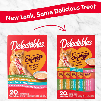 Delectables Squeeze Up Catnip Variety Pack, Creamy Squeezable Puree, Lickable Wet Cat Treats, Grain Free, No Added Fillers, No by-Products, No Added Preservatives, 0.5 Ounces Tube, 20 Tubes Total