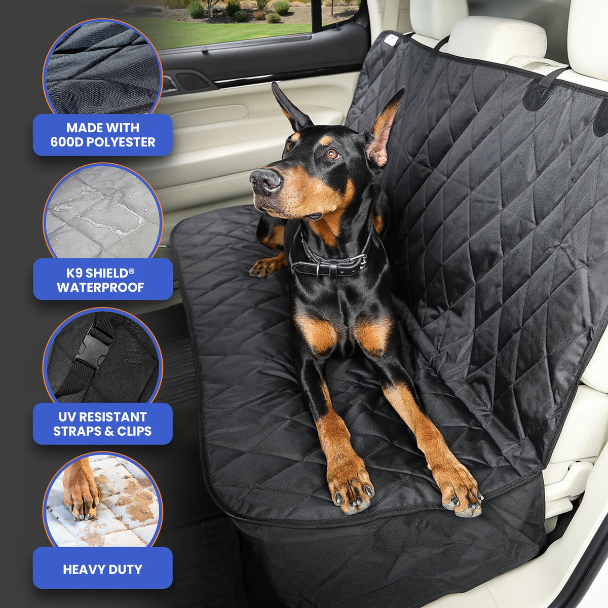 4Knines Heavy-Duty Rear Seat Cover for Dogs - Fitted, Black Reg