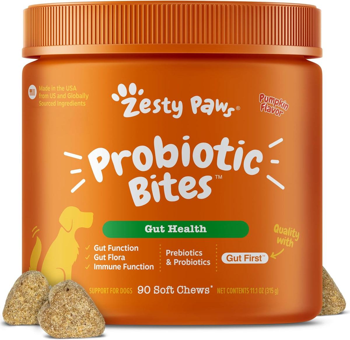 Zesty Paws Probiotics for Dogs - Gut Health Soft Chews, Pumpkin, 90 Ct