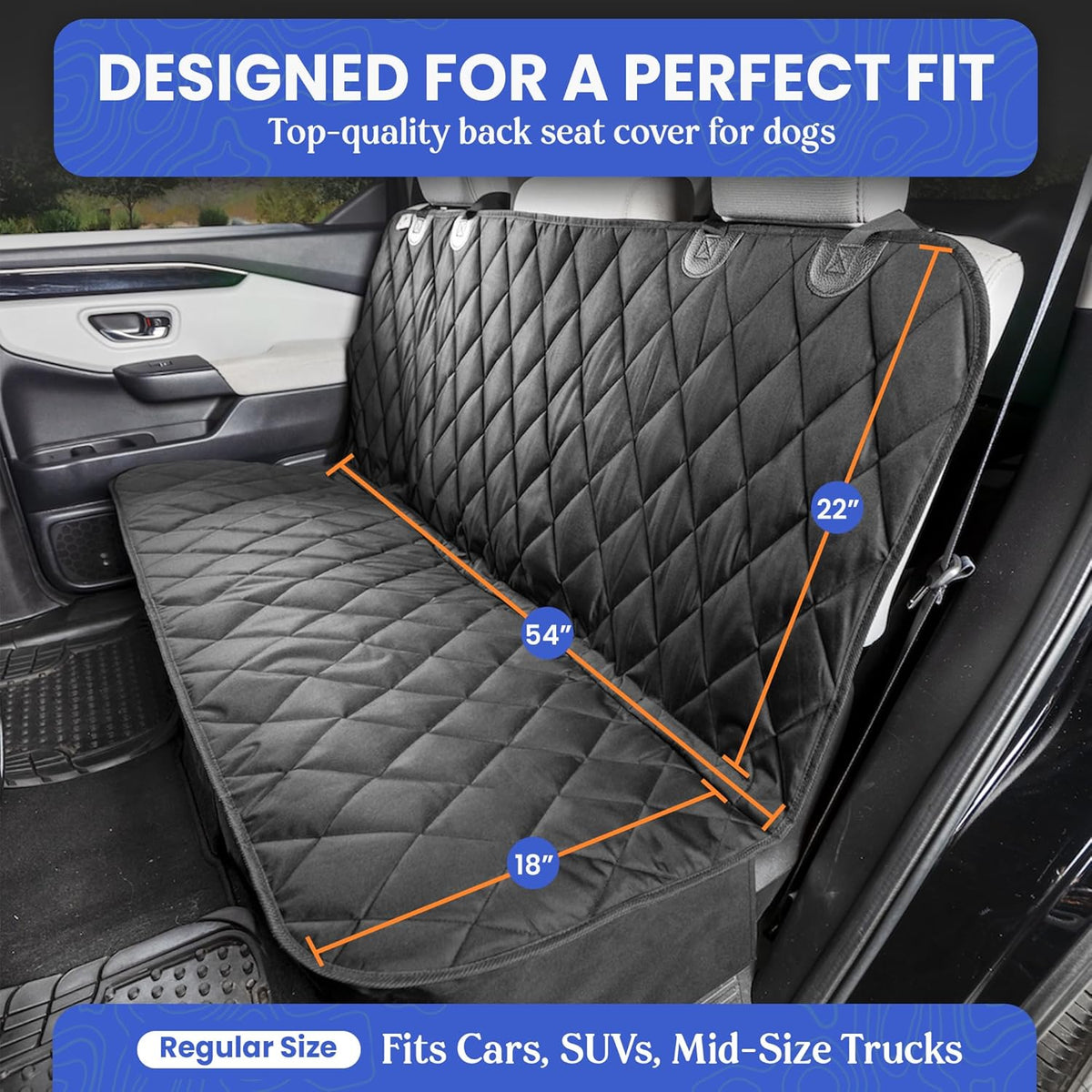 4Knines Heavy-Duty Rear Seat Cover for Dogs - Fitted, Black Reg